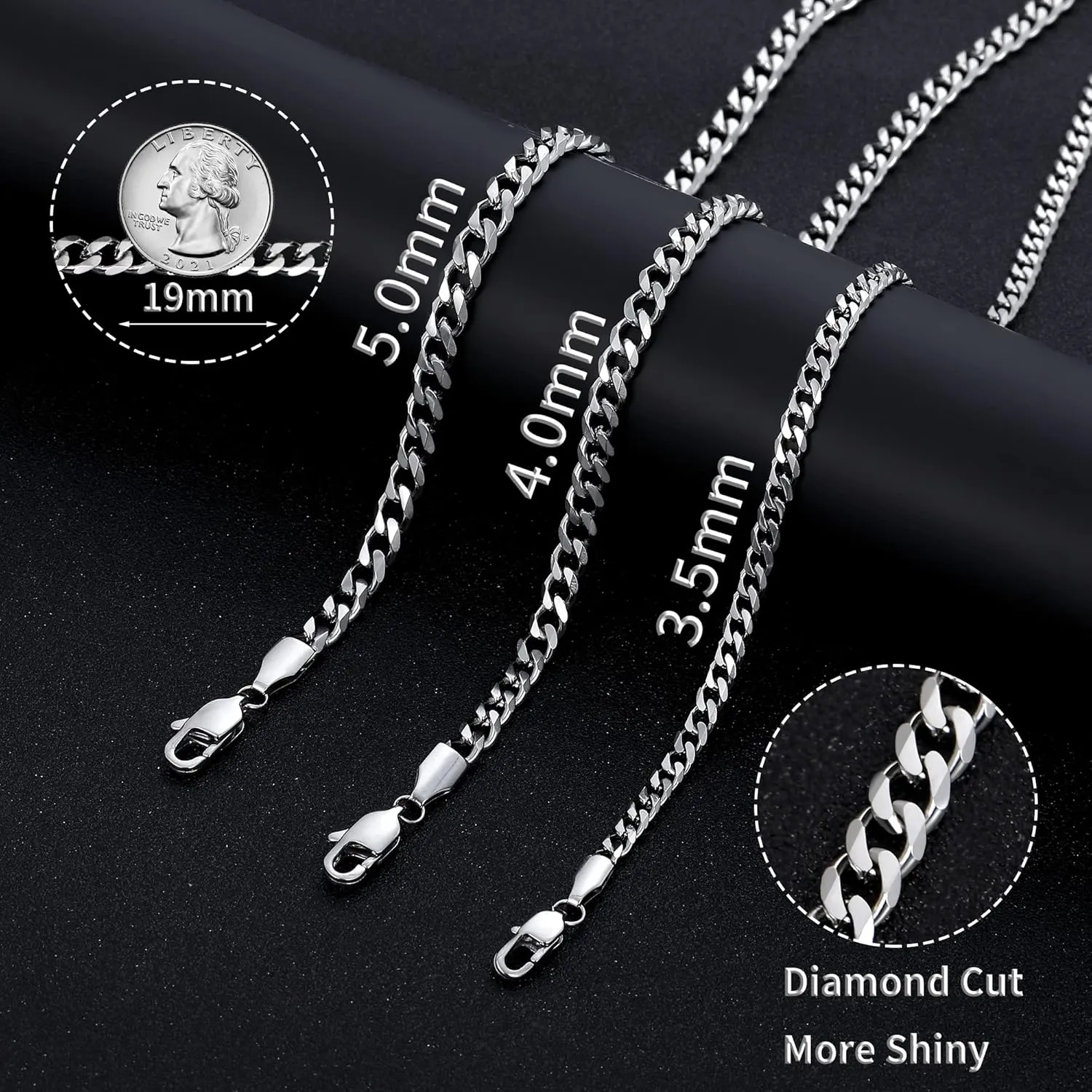 Fiusem 3.5mm Cuban Link Chains for Men, Silver Tone/Black/14K Gold Plated Stainless Steel Necklace Chain, Mens Necklace 16, 18, 20, 22, 24, 26, 28 Inch