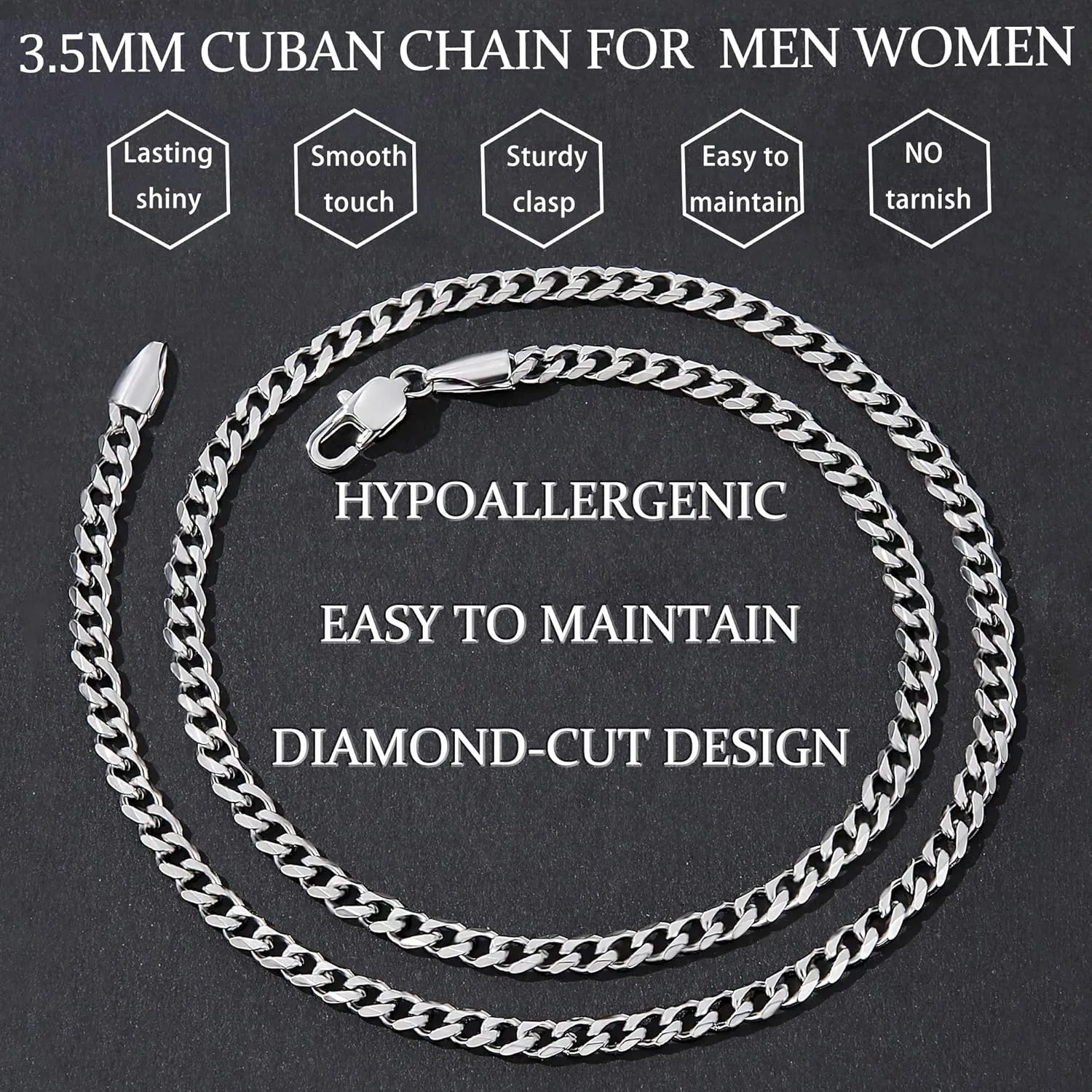 Fiusem 3.5mm Cuban Link Chains for Men, Silver Tone/Black/14K Gold Plated Stainless Steel Necklace Chain, Mens Necklace 16, 18, 20, 22, 24, 26, 28 Inch