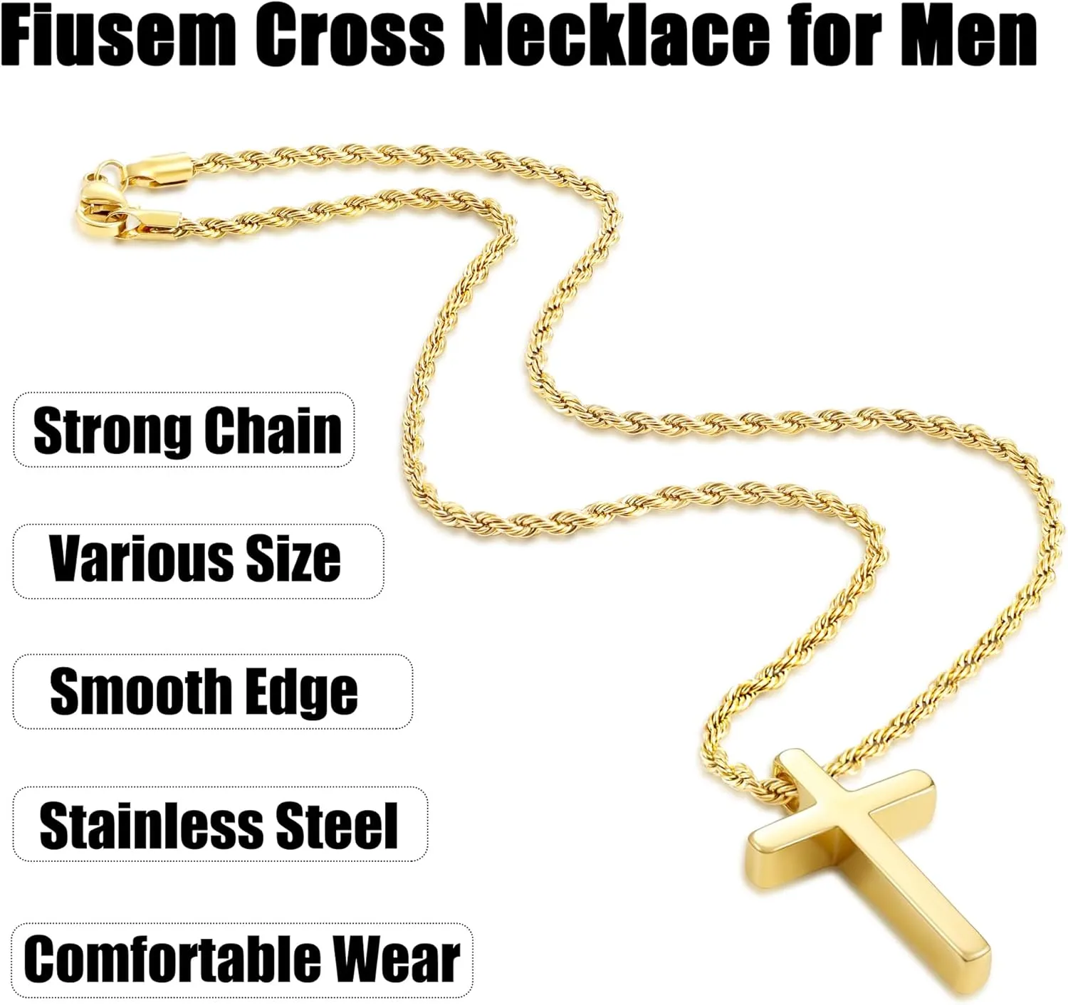 Fiusem Cross Necklace for Men, Mens Cross Necklaces with 2.5mm Rope Chain, Stainless Steel Pendant Chain 16-28 Inch