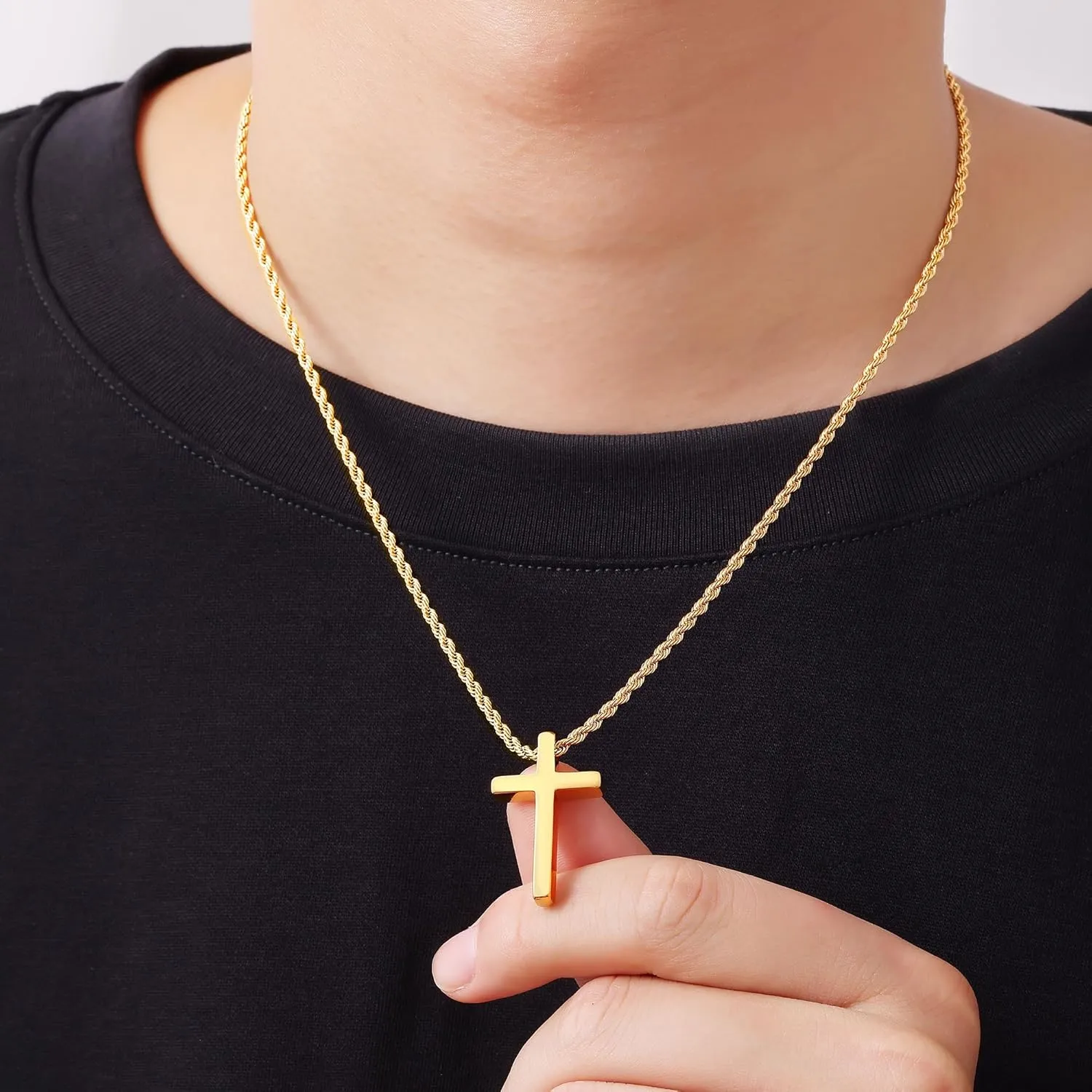 Fiusem Cross Necklace for Men, Mens Cross Necklaces with 2.5mm Rope Chain, Stainless Steel Pendant Chain 16-28 Inch