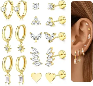Florideco 8 Pairs Flat Back Earrings for Women Hypoallergenic Surgical Stainless Steel Flatback Studs Dainty Hoop Earring Stacks Small Gold Cartilage Earring Sets for Multiple Piercing