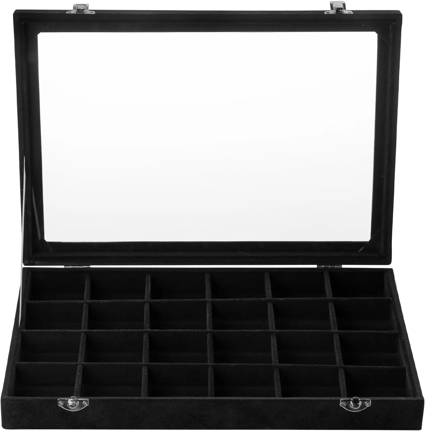 Frebeauty Velvet Jewelry Tray,24 Grid Jewelry Organizer with Clear Lid,Earring Holder Organizer with Clasp,Drawer Insert Rings Pendants Brooches,13.8 x 9.5 x 2 Inches,Gift for Women Girls(Black)