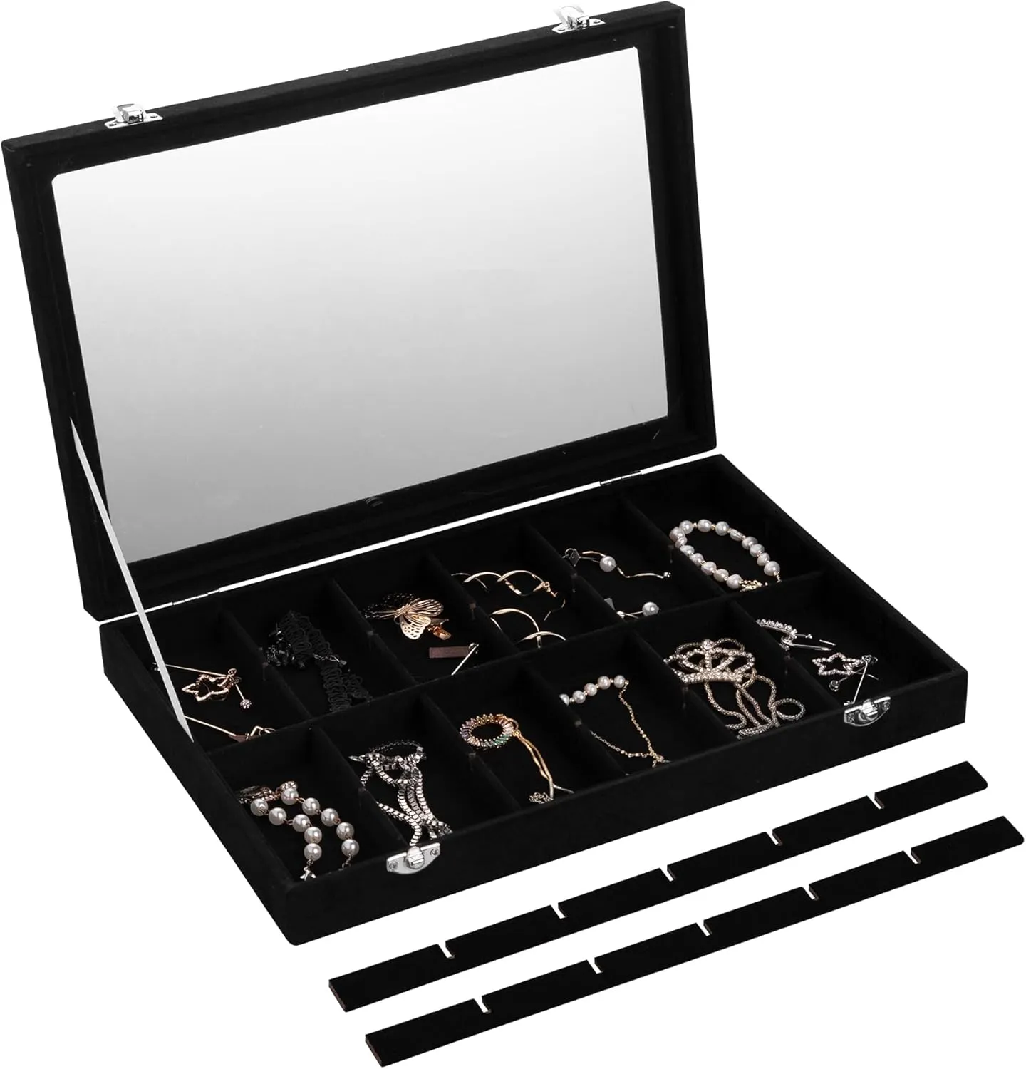 Frebeauty Velvet Jewelry Tray,24 Grid Jewelry Organizer with Clear Lid,Earring Holder Organizer with Clasp,Drawer Insert Rings Pendants Brooches,13.8 x 9.5 x 2 Inches,Gift for Women Girls(Black)