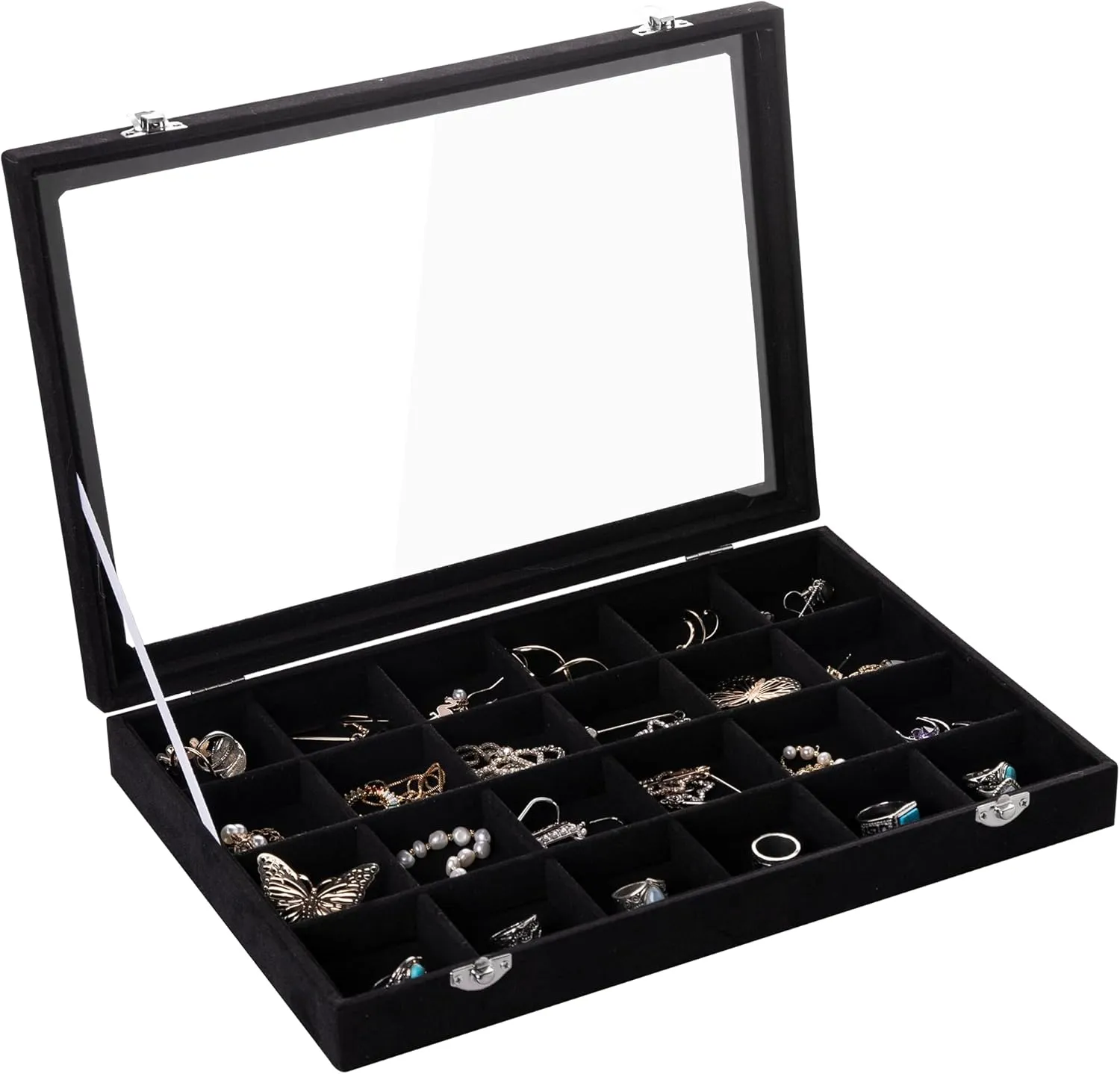 Frebeauty Velvet Jewelry Tray,24 Grid Jewelry Organizer with Clear Lid,Earring Holder Organizer with Clasp,Drawer Insert Rings Pendants Brooches,13.8 x 9.5 x 2 Inches,Gift for Women Girls(Black)