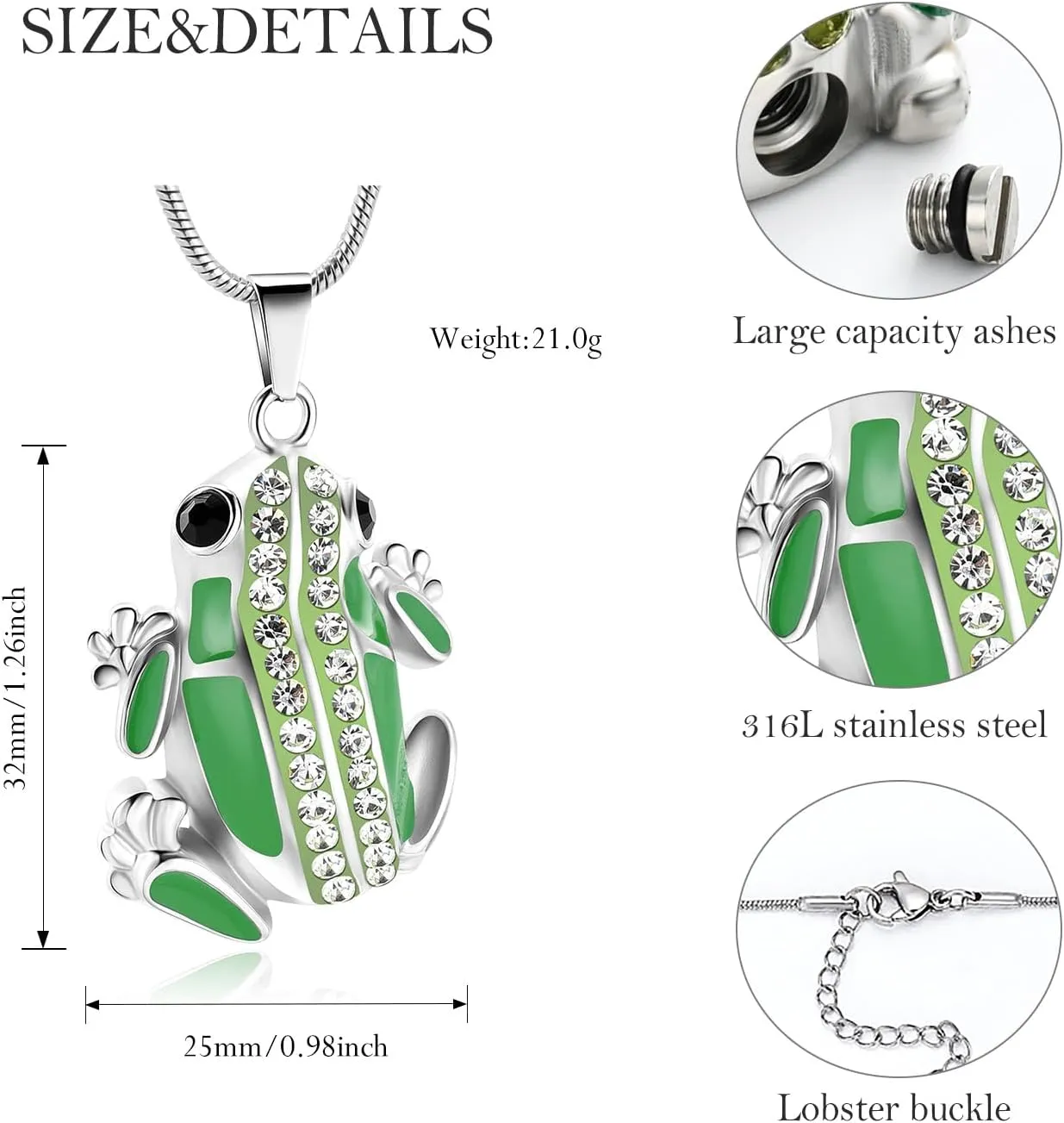 Frog Urn Necklace for Ashes Animals Cremation Jewelry Stainlee Steel Memorial Necklaces Keepsake Jewelry Ashe Holder Pendant for Human Ashes with Filling Kits