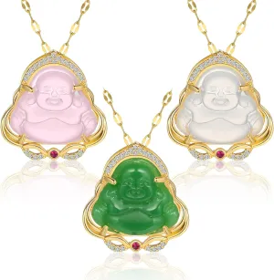 Fumete 3 Pcs Buddha Necklaces Laughing Smiling Buddha Pendant Necklace Bling Jade Chain Good Luck Amulet Jewelry for Women Men