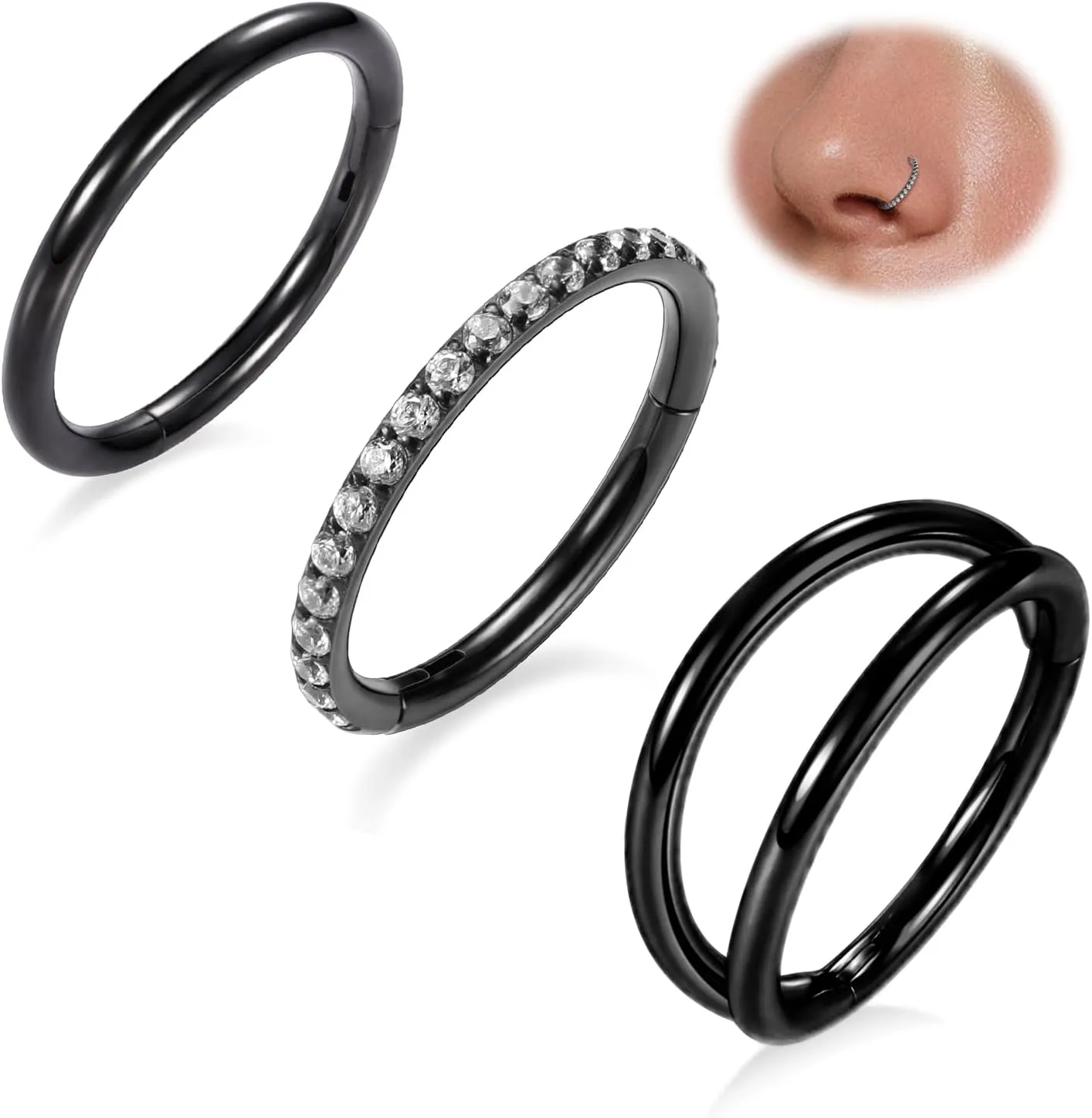 FUNLMO 3Pcs Nose Rings Double Hoop Nose Ring Conch Daith Tragus Helix Rook Piercing Jewelry Surgical Steel Cartilage Earring Conch Hoop Earring Septum Jewelry Lip Ring