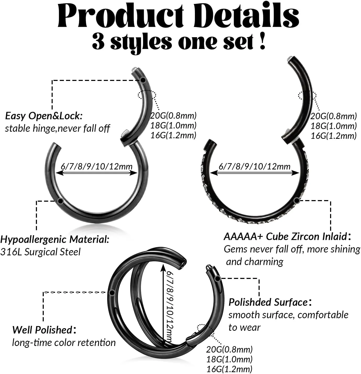 FUNLMO 3Pcs Nose Rings Double Hoop Nose Ring Conch Daith Tragus Helix Rook Piercing Jewelry Surgical Steel Cartilage Earring Conch Hoop Earring Septum Jewelry Lip Ring