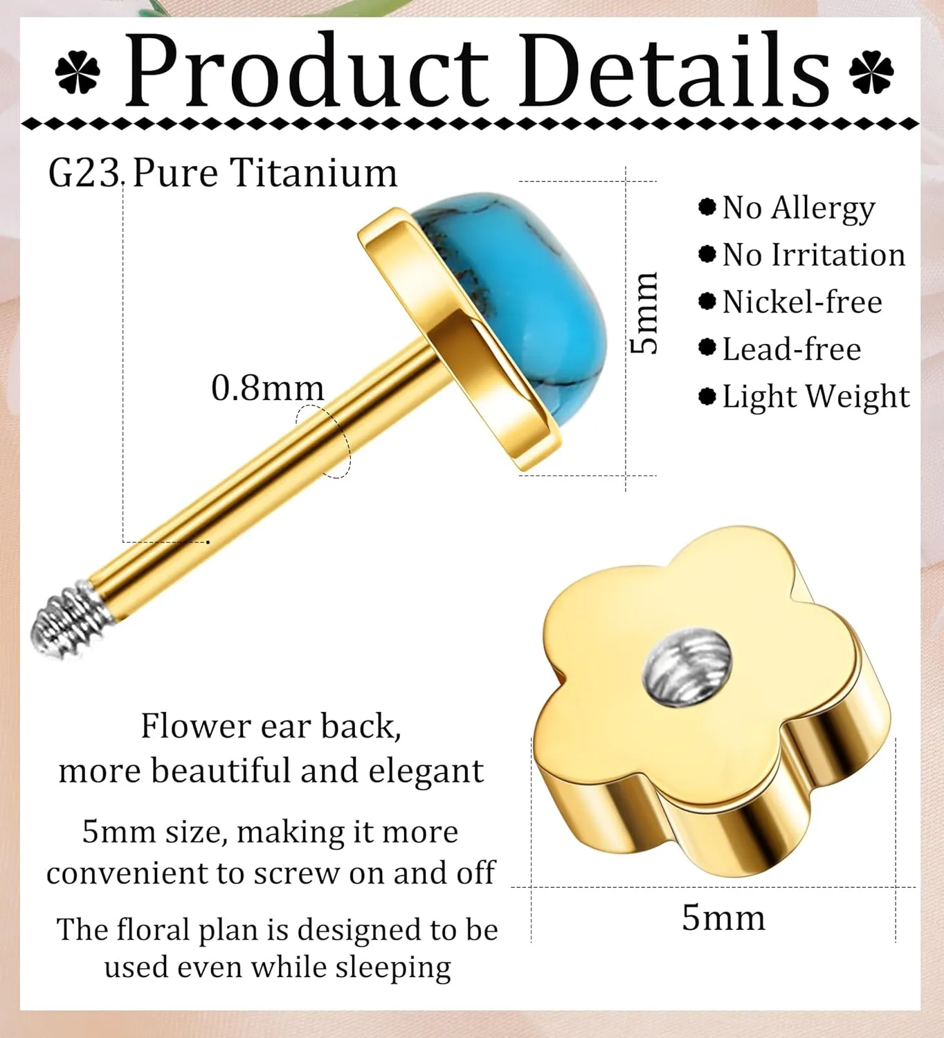 G23 Titanium Handmade Turquoise Stud Earrings for Sensitive Skin Hypoallergenic Women Flat Back Nap Earrings Studs 20G Screw Back Cartilage Stud Earrings Gold Blue