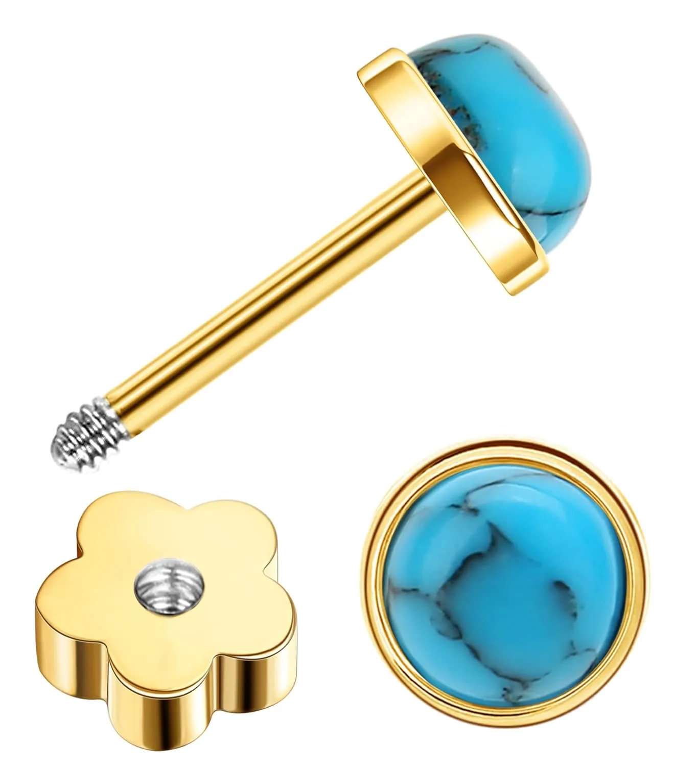 G23 Titanium Handmade Turquoise Stud Earrings for Sensitive Skin Hypoallergenic Women Flat Back Nap Earrings Studs 20G Screw Back Cartilage Stud Earrings Gold Blue