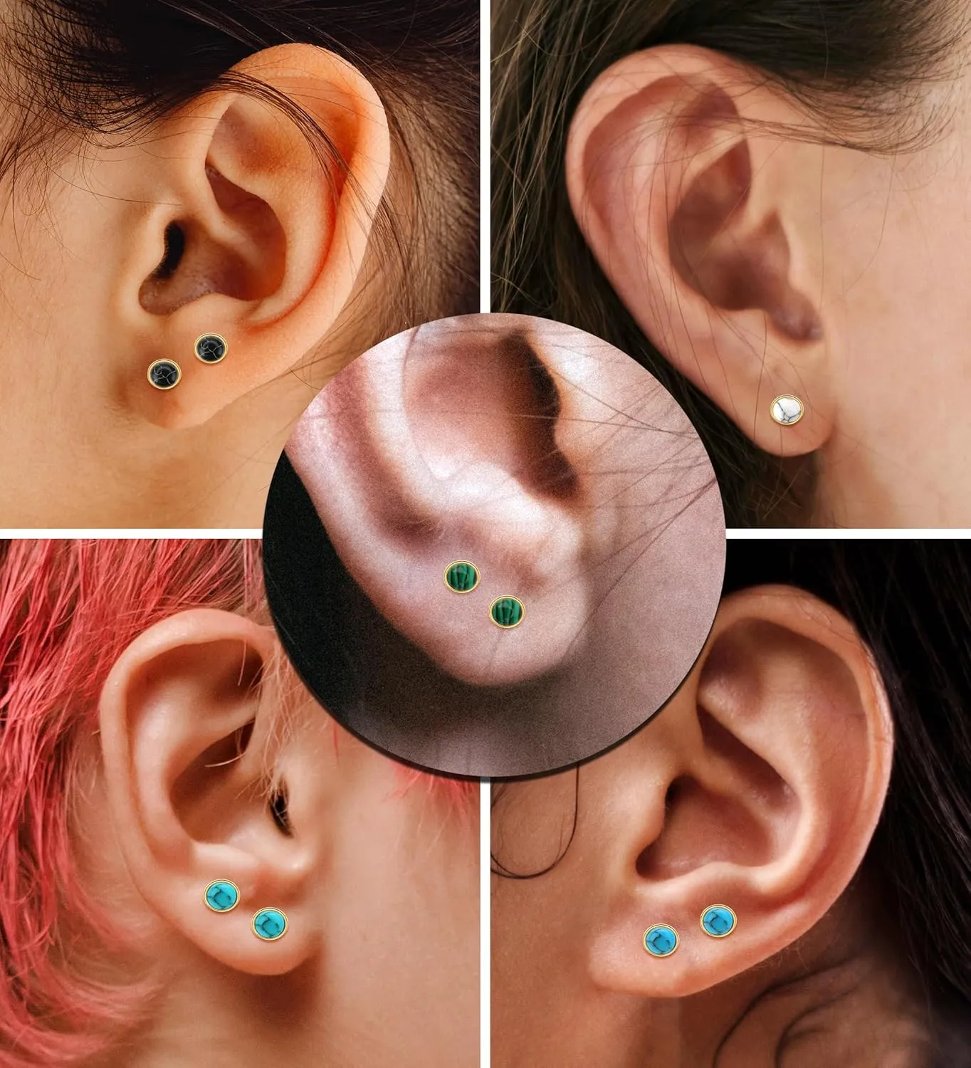 G23 Titanium Handmade Turquoise Stud Earrings for Sensitive Skin Hypoallergenic Women Flat Back Nap Earrings Studs 20G Screw Back Cartilage Stud Earrings Gold Blue