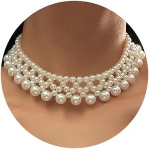 Gangel Pearl Choker Necklace Layered Pearl Necklace Vintage Pearl Necklaces Choker Short Choker Prom Party Choker Necklace for Women and Girls