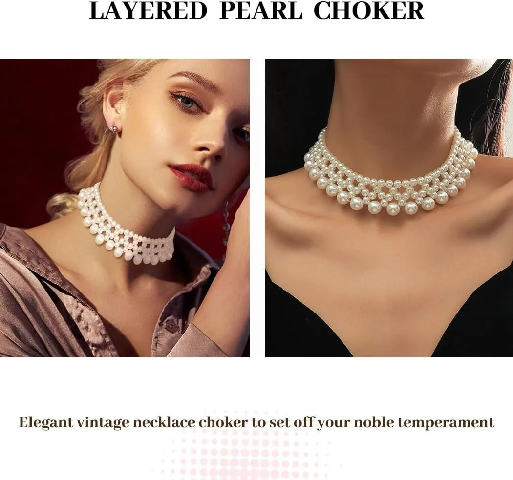 Gangel Pearl Choker Necklace Layered Pearl Necklace Vintage Pearl Necklaces Choker Short Choker Prom Party Choker Necklace for Women and Girls