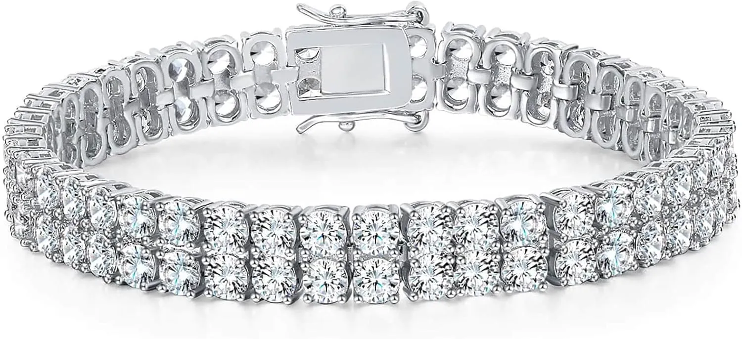Gemsme 2 Rows Tennis Bracelets for Women Men - 18K Yellow Gold Plated 3mm Round Cut Cubic Zirconia Classic Tennis Bracelet, Size 6.5-8.5 Inch