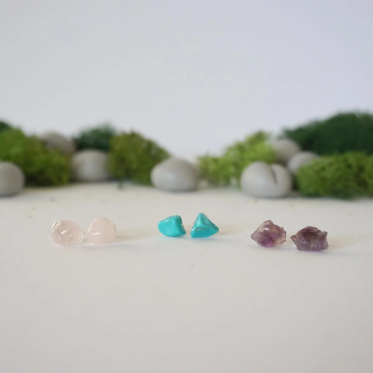Genuine Raw Crystal Stud Earrings - 3 Pack Earrings - Rose Quartz Stud Earrings Raw Amethyst Stud Earrings Turquoise Stud Earrings Set of 3 Earrings - Raw Gemstone Birthstone Gift Set