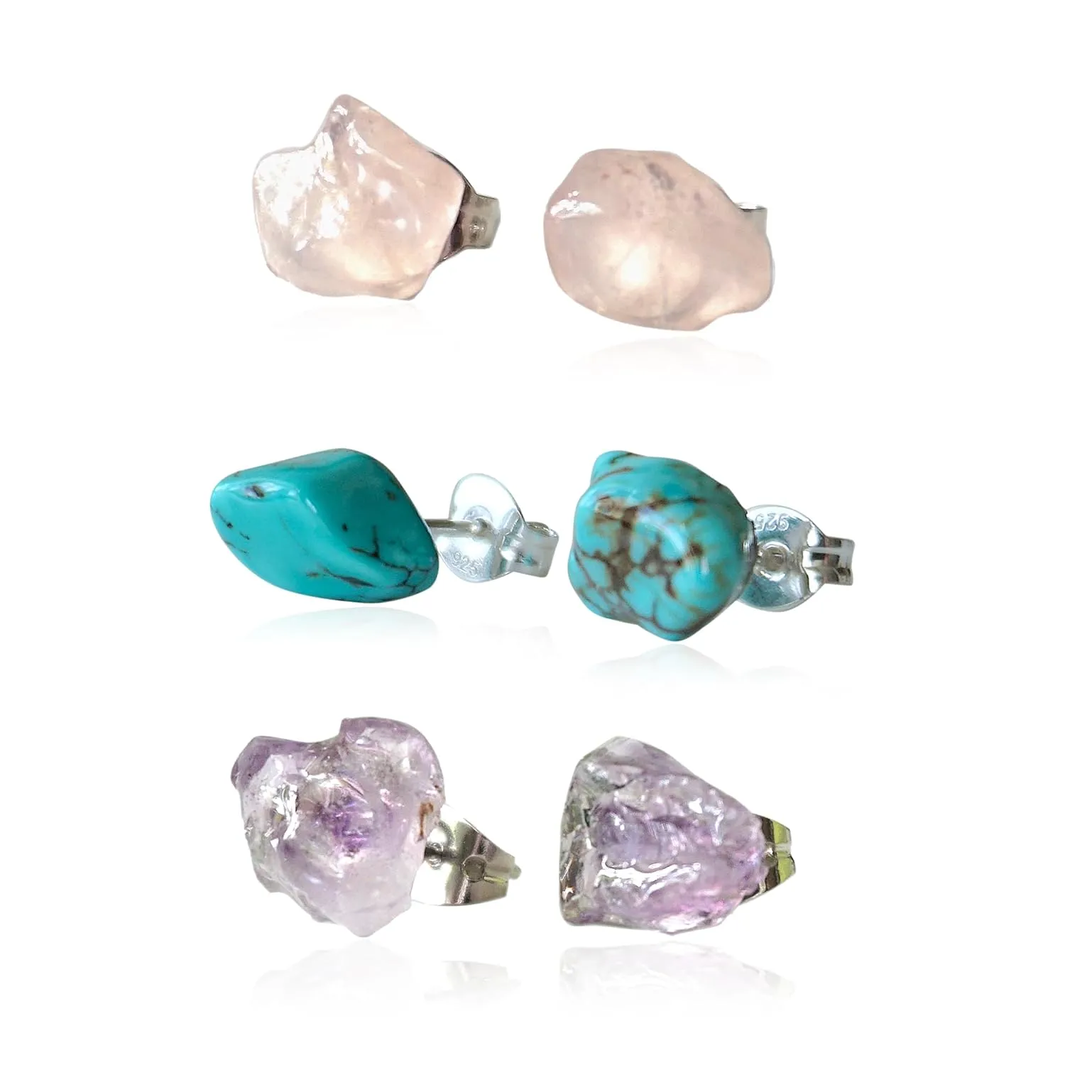 Genuine Raw Crystal Stud Earrings - 3 Pack Earrings - Rose Quartz Stud Earrings Raw Amethyst Stud Earrings Turquoise Stud Earrings Set of 3 Earrings - Raw Gemstone Birthstone Gift Set