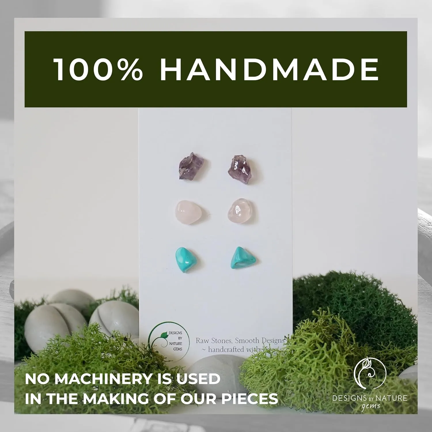 Genuine Raw Crystal Stud Earrings - 3 Pack Earrings - Rose Quartz Stud Earrings Raw Amethyst Stud Earrings Turquoise Stud Earrings Set of 3 Earrings - Raw Gemstone Birthstone Gift Set