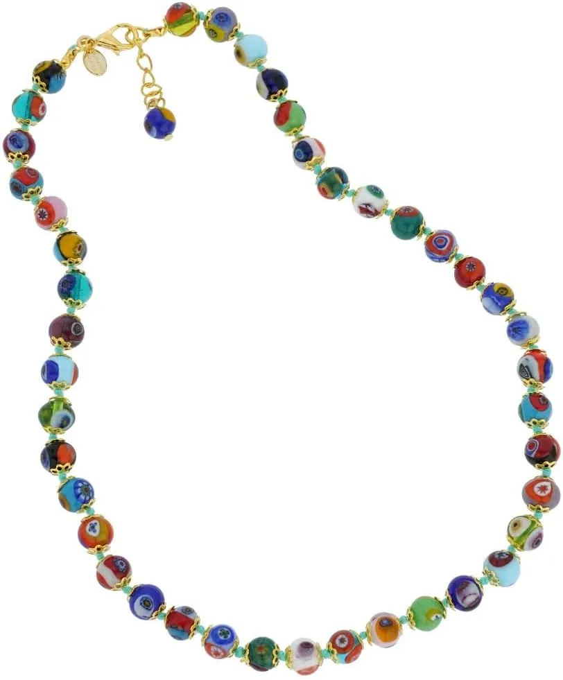 Glass Of Venice Murano Glass Necklace Shorter Length 17-Inches - Italian Millefiori Multicolor Mosaic Beads Handmade Blown Glass - Murano Glass Necklaces for Women
