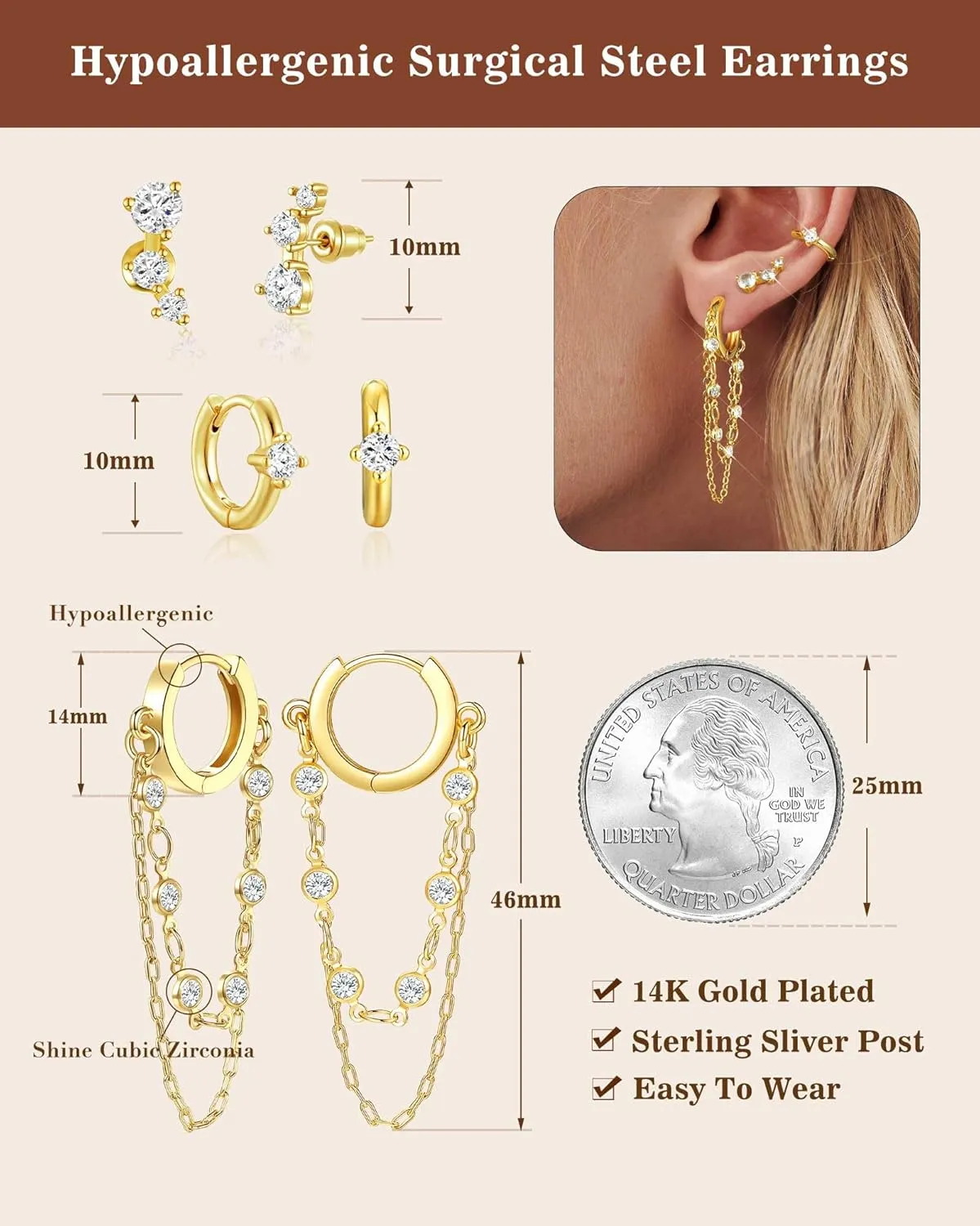 Gold Chain Earrings for Women - 14K Gold Plated Dangle Huggie Hoop Earring Fashion Jewelry Gifts for Valentines Mother's Day Christmas Birthday