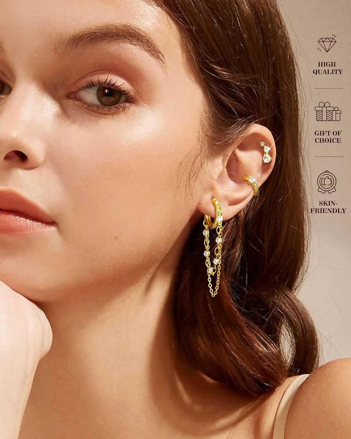 Gold Chain Earrings for Women - 14K Gold Plated Dangle Huggie Hoop Earring Fashion Jewelry Gifts for Valentines Mother's Day Christmas Birthday