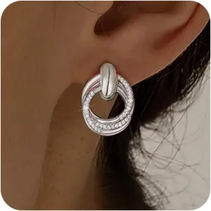 Gold Chunky Clip On Earrings for Women 14k Gold Knot Link Clip Earrings Silver Rhinestone Hoop Clip On Earrings Jewelry for Women