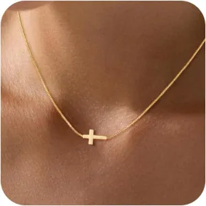 Gold Cross Necklace for Women Dainty 14K Gold Plated Cross Pendant Charm Choker Necklaces Extenders Simple Trendy Religious Jewelry Necklace Womens Simple Cute Gold Gifts
