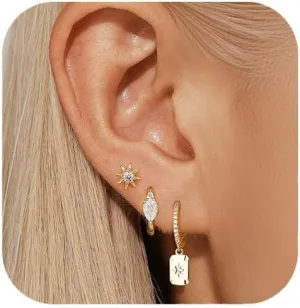 Gold Dangle Earrings for Women - Dainty Square, Flat Back Star Stud, 14k Plated Hoop - Hypoallergenic Cubic Zirconia, Trendy