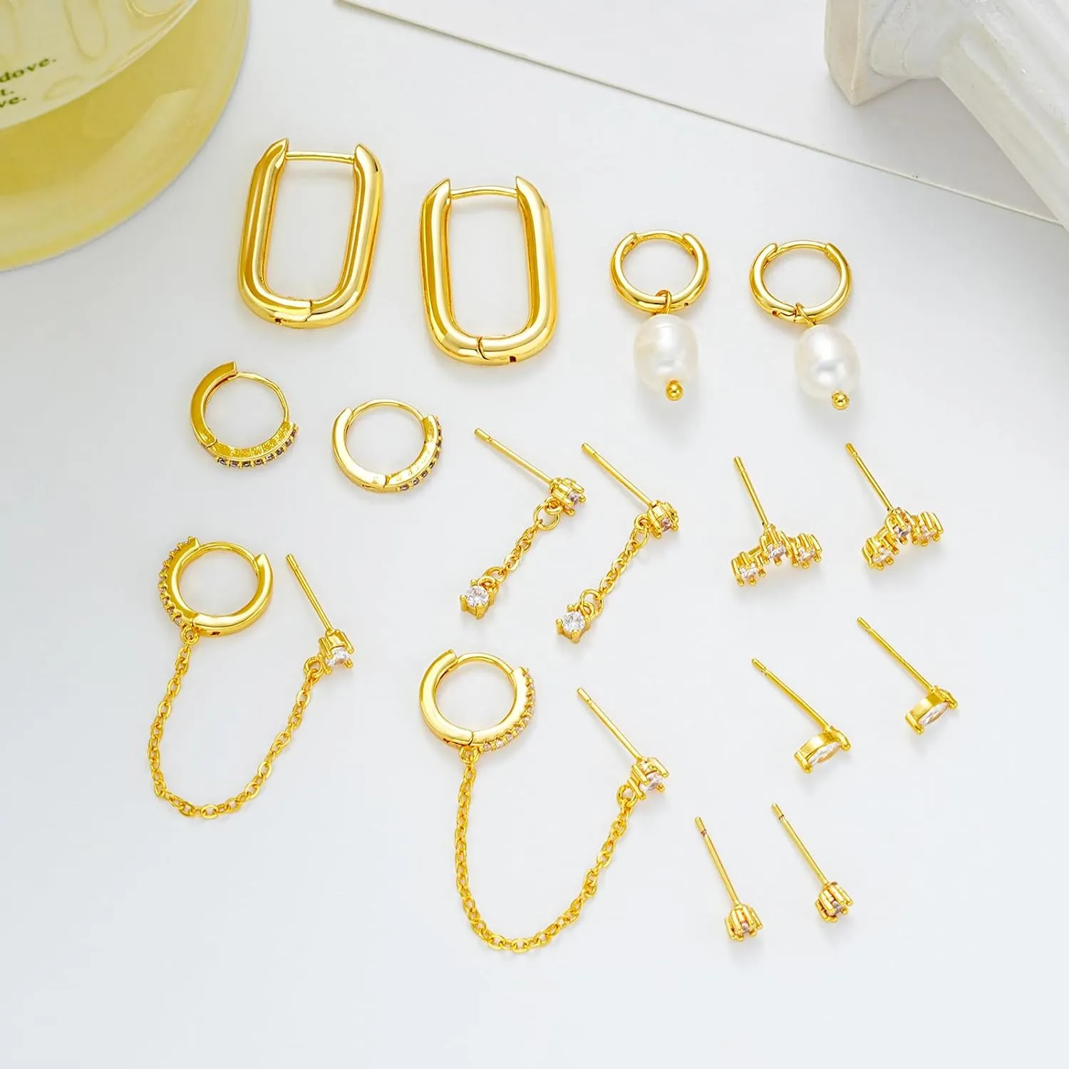 Gold Earrings Set for Women, 14K Gold Plated Stud and Cartilage Earring Sets for Multiple Piercing, Hypoallergenic Stackable Small Gold Huggie Hoop Earrings for Women Jewelry