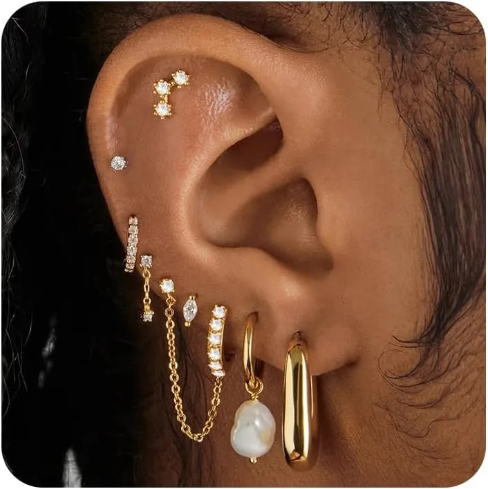 Gold Earrings Set for Women, 14K Gold Plated Stud and Cartilage Earring Sets for Multiple Piercing, Hypoallergenic Stackable Small Gold Huggie Hoop Earrings for Women Jewelry