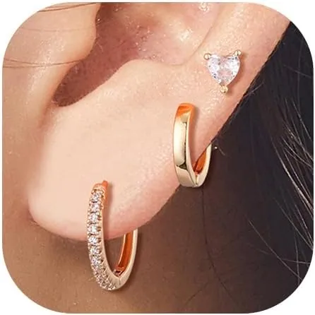 Gold Earrings Set for Women Small Huggie 14k Gold Plated Hoop Earrings Hypoallergenic Earring Stacks Trendy Dainty Jewelry (3-Earrings)