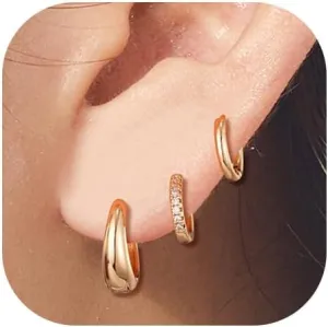 Gold Earrings Set for Women Small Huggie 14k Gold Plated Hoop Earrings Hypoallergenic Earring Stacks Trendy Dainty Jewelry (5-Earrings)