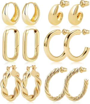 Gold Hoop Earrings Set 14k Gold Plated Huggie Earrings Hypoallergenic Chunky Thick Jewelry for Multiple Piercing Christmas Gift for Women Girls