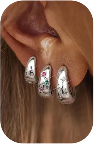 Gold Hoop Earrings Set for Women - 3Pairs Chunky Gold Silver Huggie Earrings Small 14K Gold Filled Earrings Lightweight Hypoallergenic MultiColored CZ Hoop Earrings Stacks for Multiple Piercing