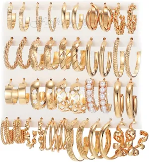 Gold Hoop Earrings Set for Women, Fashion Chunky Pearl Chunky Chain Twisted Open Hoops Statement Earring Packs Hypoallergenic Small Big Hoops Earrings Birthday Party Gifts
