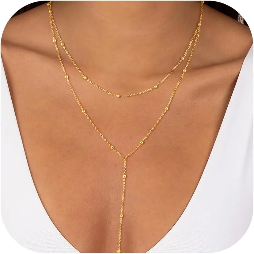 Gold Lariat Necklace for Women, Dainty 14K Gold Layered Long Necklaces for Women Trendy Y-Shaped Beaded Chain Necklace Simple Waterproof Gold Jewelry Gifts