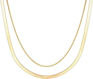 Gold Necklace for Women Trendy 14K Gold/Silver Herringbone Snake Chain Necklace Layered Herringbone Necklace Double Flat Snake Chain Choker Necklace Thin Chunky Chain Necklace