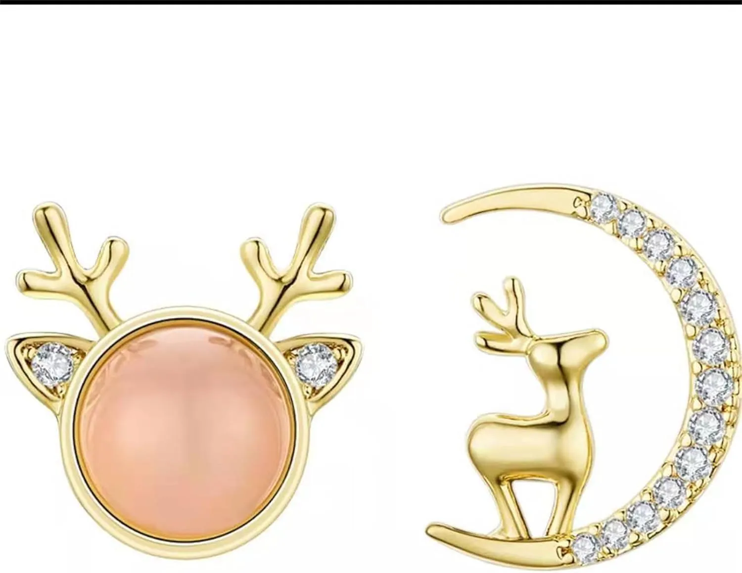 Gold Plated Christmas Reindeer Antler Moon Stud Earrings for Women Asymmetric Dainty Elk Deer Animals Pink Moonstone Sparkly Crystal Cubic Zirconia Cresent Small Lightweight Earrings for Festival Birthday Party Jewelry Gifts