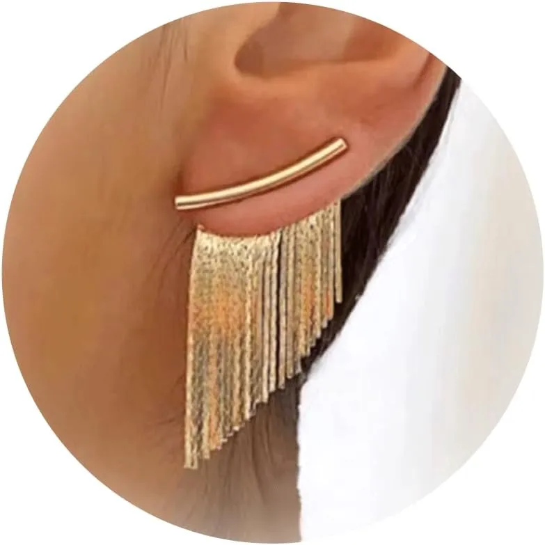 Gold Silver Tassel Earrings for Women Long Statement Ear Jackets Earrings Trendy Front Back Drop Dangle Bridal Fringe Formal Wedding Parties Earrings