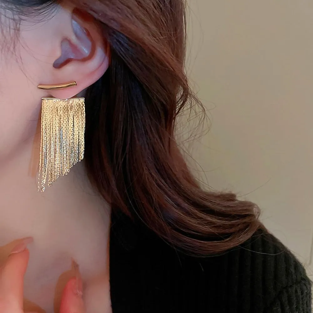 Gold Silver Tassel Earrings for Women Long Statement Ear Jackets Earrings Trendy Front Back Drop Dangle Bridal Fringe Formal Wedding Parties Earrings