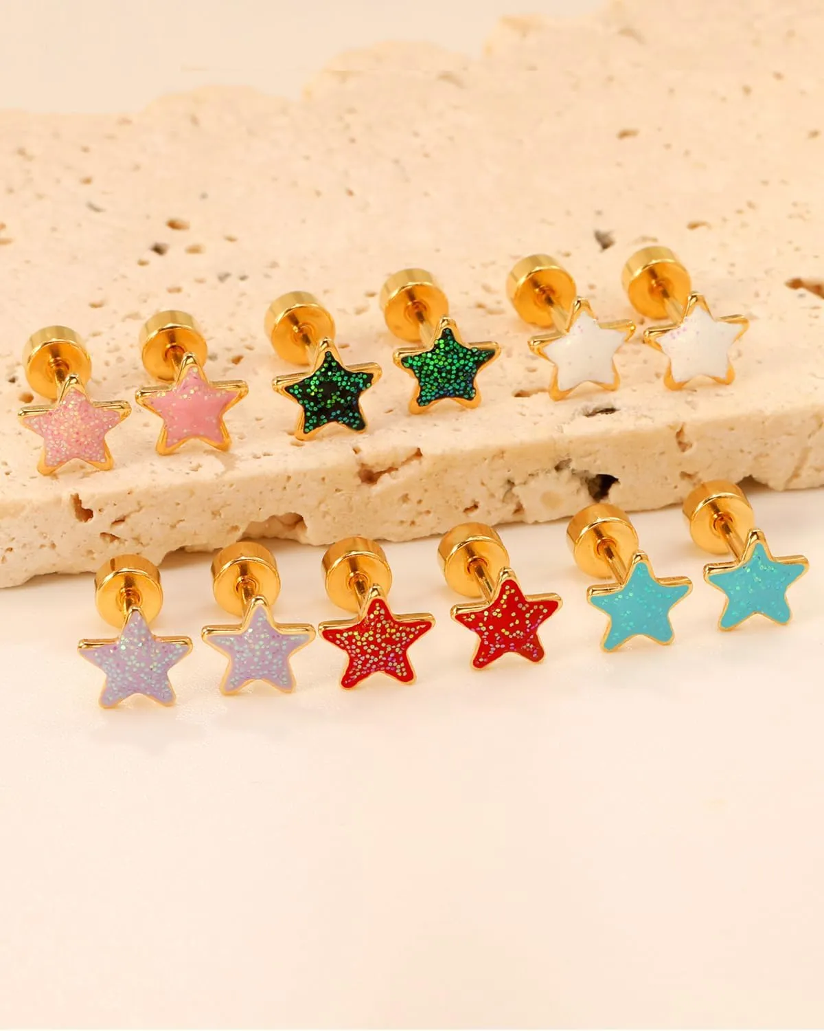 Gold Star Earrings for Women, 14K Gold Plated 316L Surgical Steel Hypoallergenic Flat Back Stud Earrings, Cute Small Star Stud Earrings for Sensitive Ears, 18G Post Screw Back Trendy Jewelry Gifts