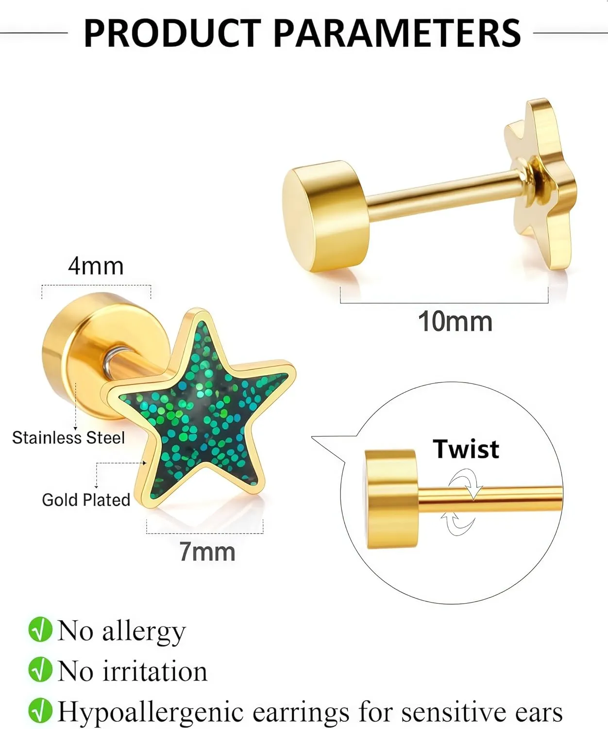 Gold Star Earrings for Women, 14K Gold Plated 316L Surgical Steel Hypoallergenic Flat Back Stud Earrings, Cute Small Star Stud Earrings for Sensitive Ears, 18G Post Screw Back Trendy Jewelry Gifts