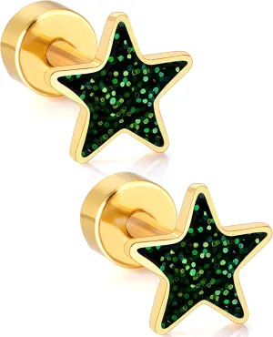Gold Star Earrings for Women, 14K Gold Plated 316L Surgical Steel Hypoallergenic Flat Back Stud Earrings, Cute Small Star Stud Earrings for Sensitive Ears, 18G Post Screw Back Trendy Jewelry Gifts