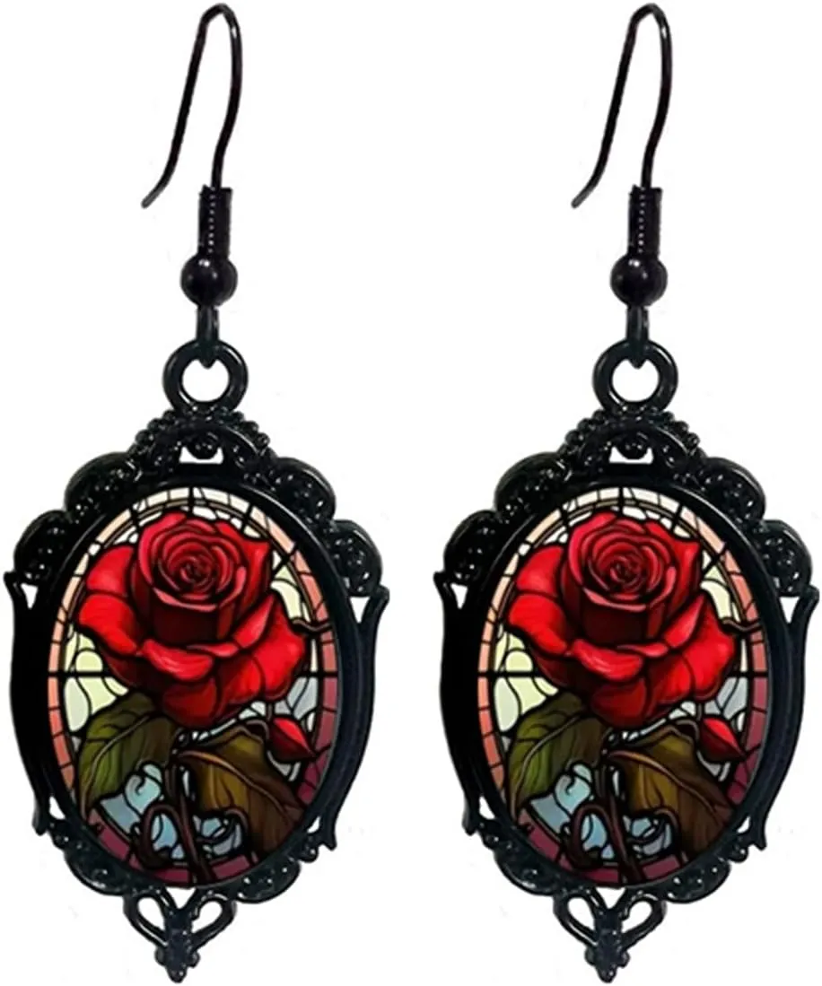 Gothic Halloween Earrings for Women Gothic Rose Cameo Earrings Vintage Red Rose Earring Goth Mystic Witch Earring Halloween Jewelry for Women