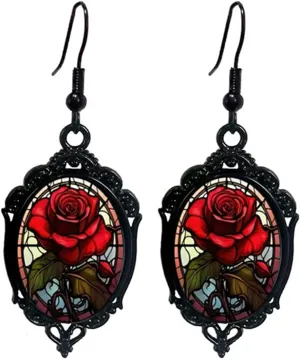 Gothic Halloween Earrings for Women Gothic Rose Cameo Earrings Vintage Red Rose Earring Goth Mystic Witch Earring Halloween Jewelry for Women