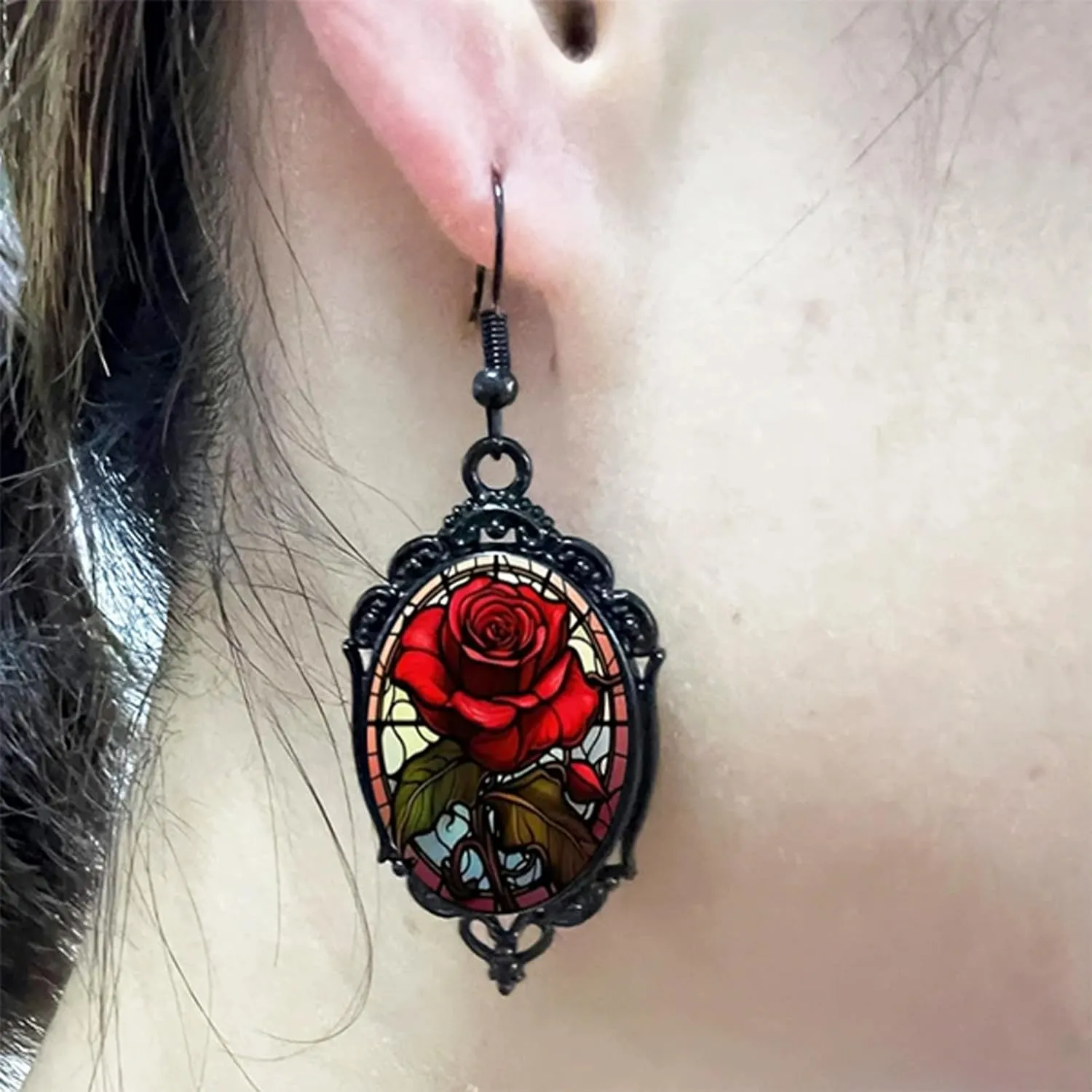 Gothic Halloween Earrings for Women Gothic Rose Cameo Earrings Vintage Red Rose Earring Goth Mystic Witch Earring Halloween Jewelry for Women