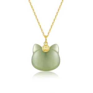 Green Natural Hetian Jade Necklace, Cat Shape Jade Pendant for Women, Atmosphere Jade Necklace Jewelry Gifts for Girls Women (925 Sterling Silver with Gold Plated)