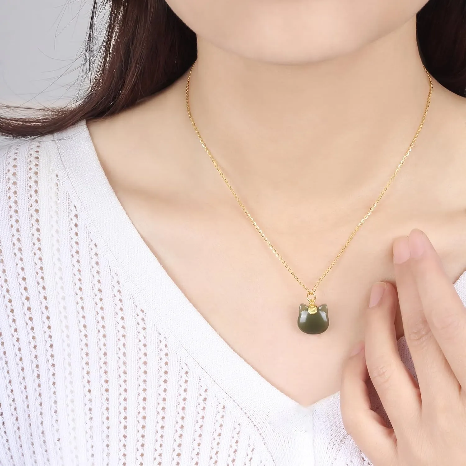 Green Natural Hetian Jade Necklace, Cat Shape Jade Pendant for Women, Atmosphere Jade Necklace Jewelry Gifts for Girls Women (925 Sterling Silver with Gold Plated)
