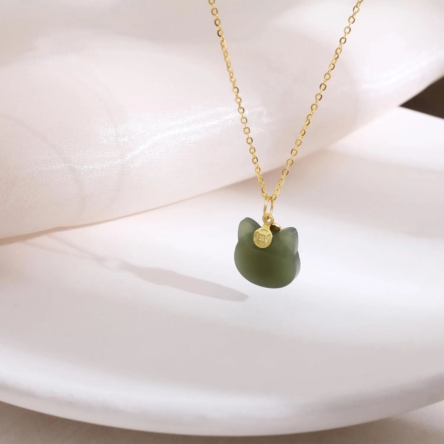 Green Natural Hetian Jade Necklace, Cat Shape Jade Pendant for Women, Atmosphere Jade Necklace Jewelry Gifts for Girls Women (925 Sterling Silver with Gold Plated)