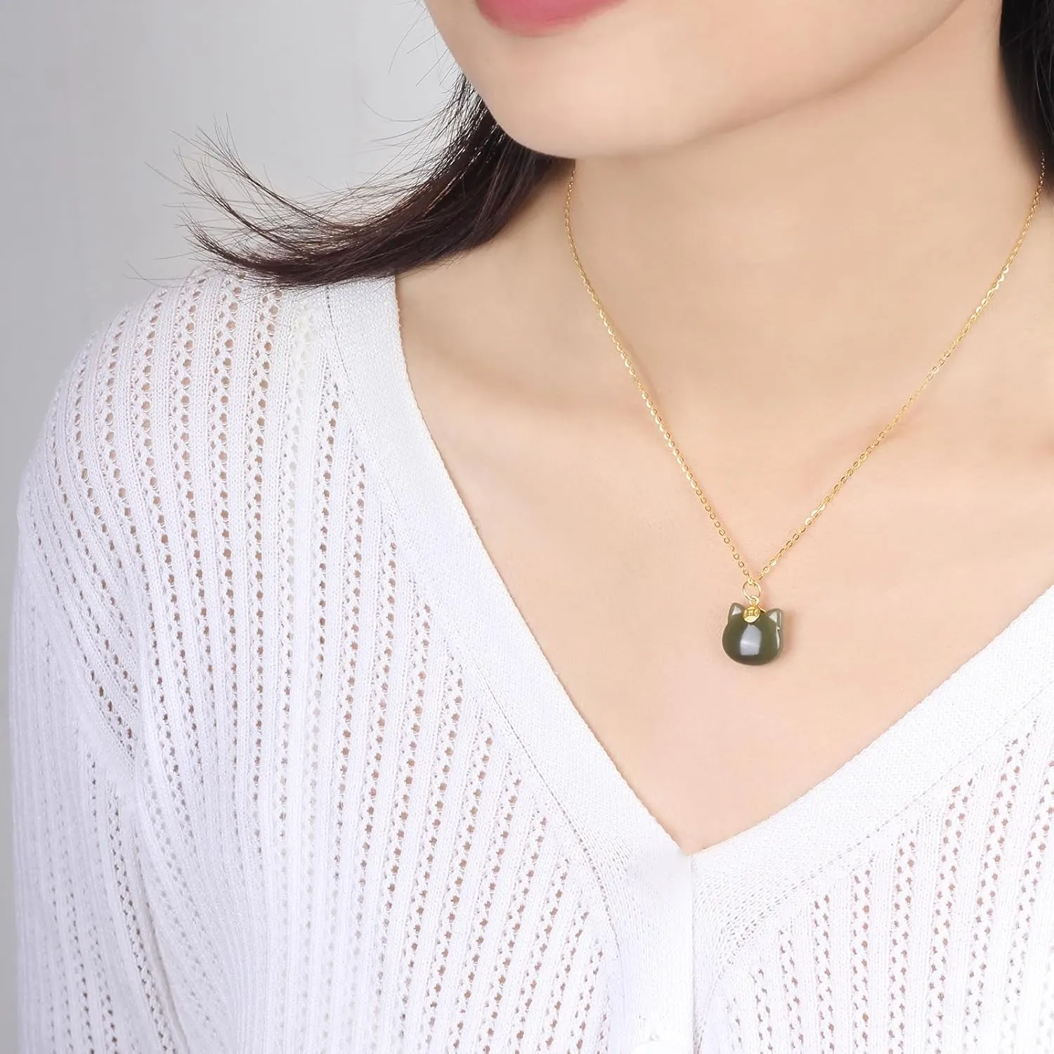 Green Natural Hetian Jade Necklace, Cat Shape Jade Pendant for Women, Atmosphere Jade Necklace Jewelry Gifts for Girls Women (925 Sterling Silver with Gold Plated)