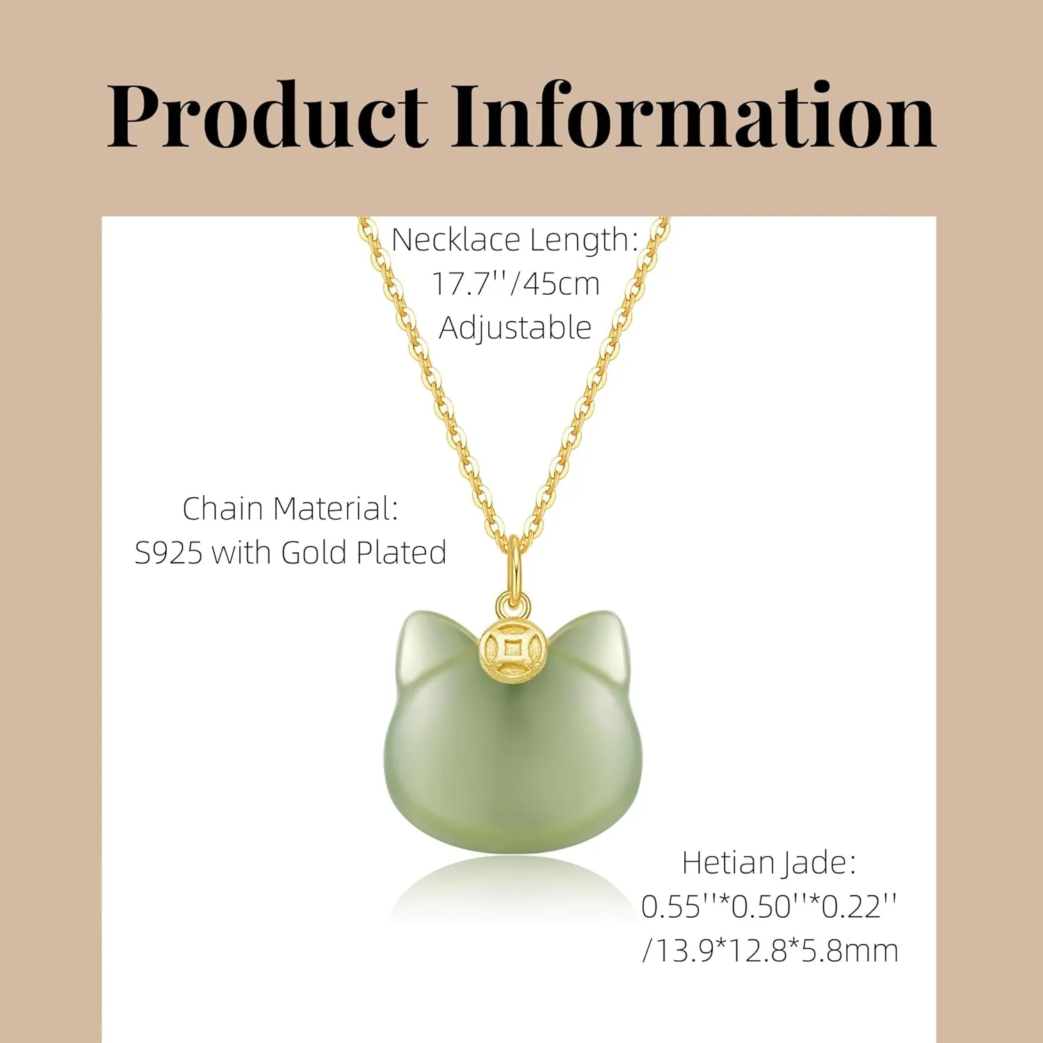 Green Natural Hetian Jade Necklace, Cat Shape Jade Pendant for Women, Atmosphere Jade Necklace Jewelry Gifts for Girls Women (925 Sterling Silver with Gold Plated)